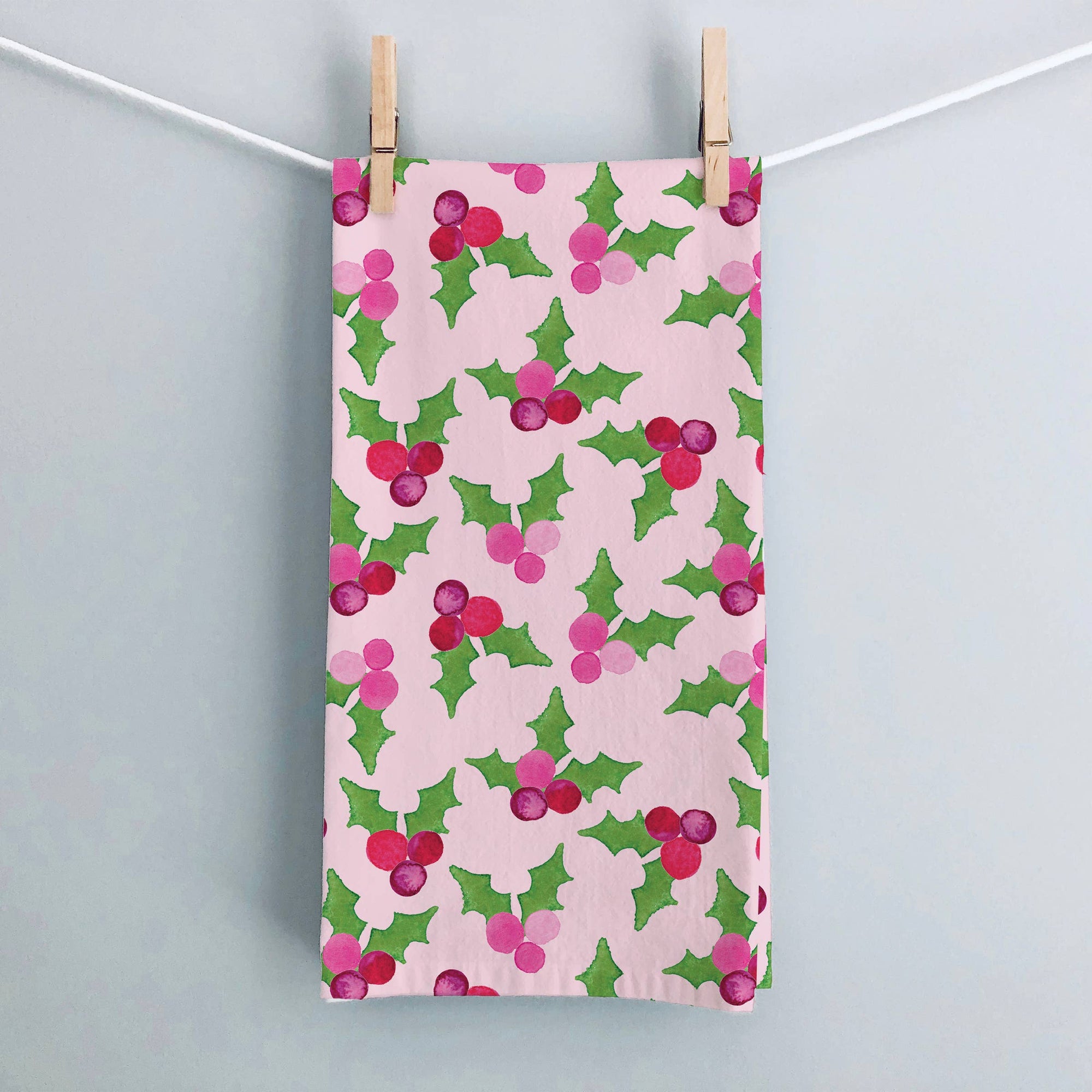 Pink Christmas Holly Tea Towel