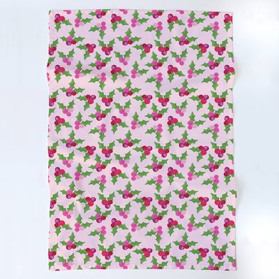 Pink Christmas Holly Tea Towel