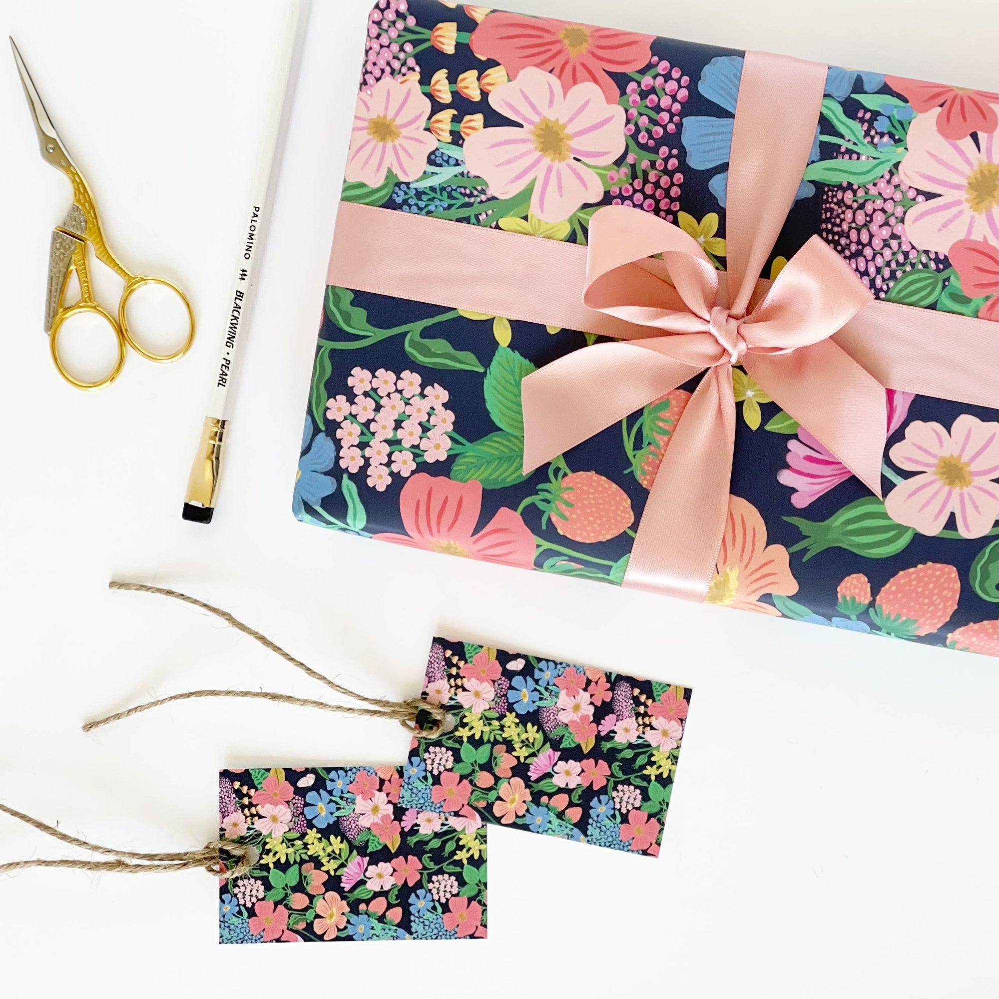 Summer Flowers - Black Gift Wrap by the sheet