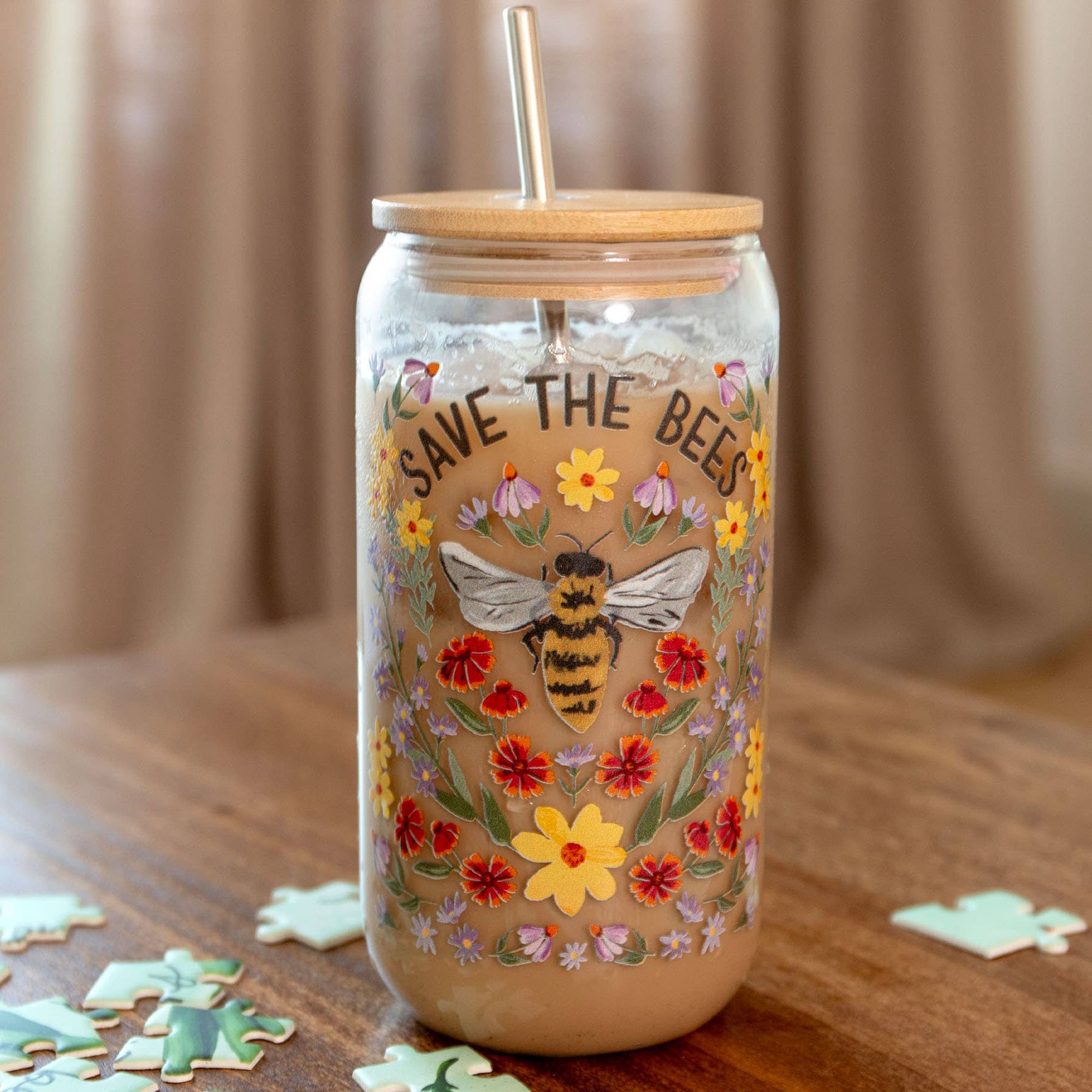 Save the Bees Glass Can 16oz