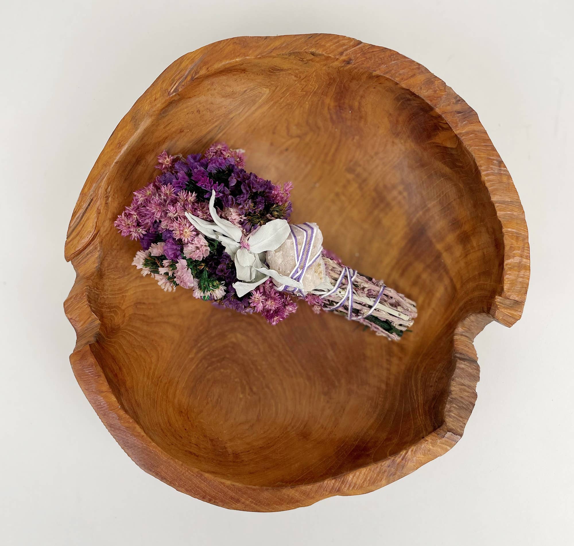 Pink & Purple Floral Sage Smudge Wand with Quartz Crystal