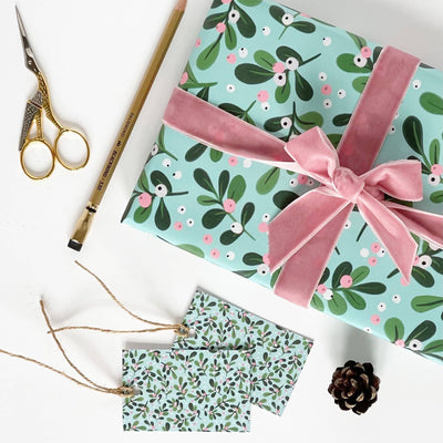 Gift Wrap - Christmas Mistletoe - Aqua by the sheet