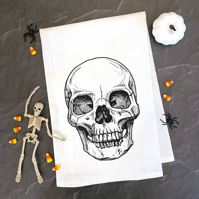 Skull Vintage Sketch Spooky Halloween Kitchen Flour Sack Tea