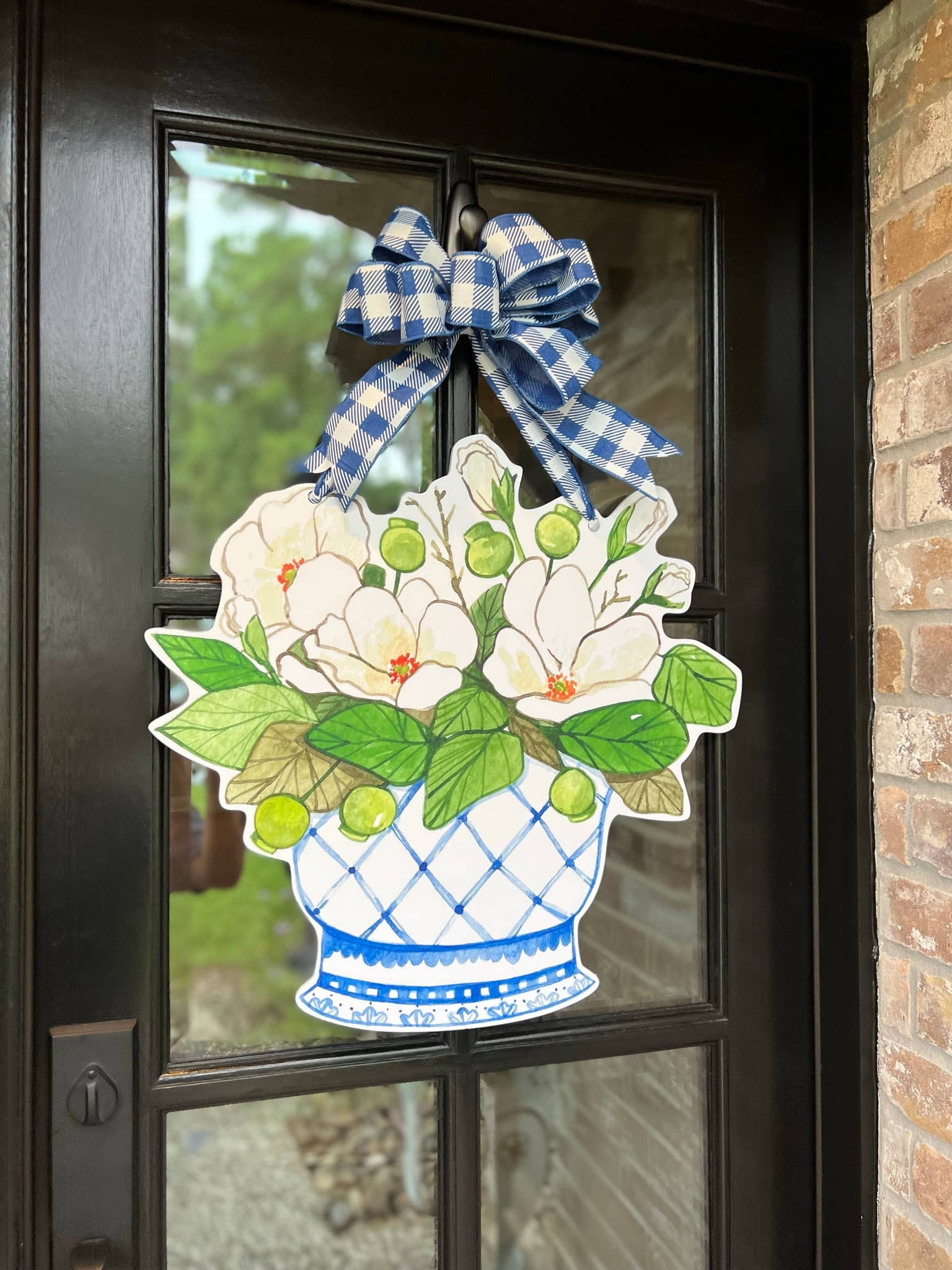 hanging basket flower plants Magnolia Vase Door Hanger: Royal Blue and White Gingham Bow