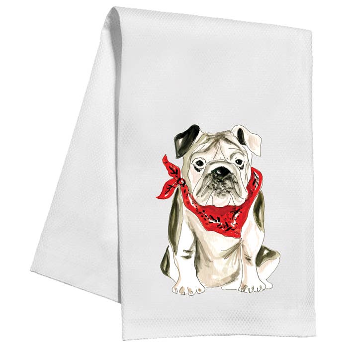 Handpainted Bulldog with Red Bandana Tea Towel