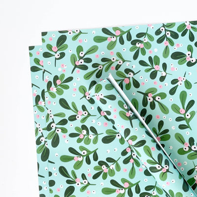 Gift Wrap - Christmas Mistletoe - Aqua by the sheet