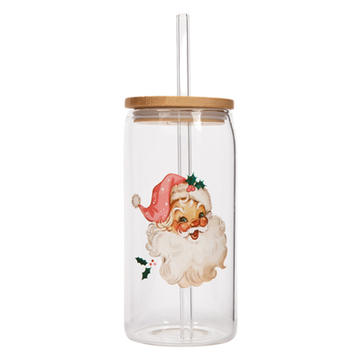 Vintage Santa Can Glass w/ Straw & Lid 17 oz