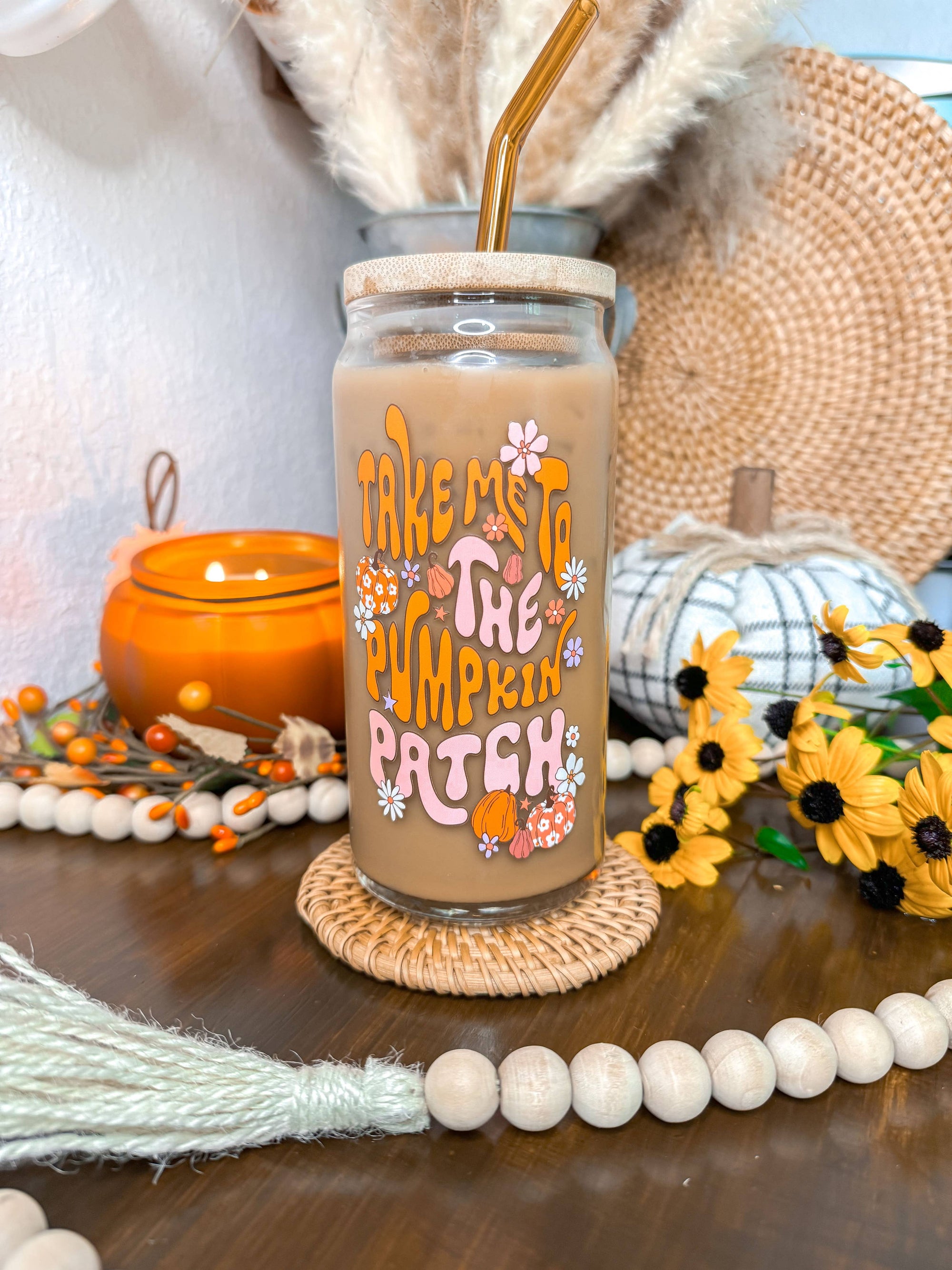 Pumpkin Patch Fall Glass Cup 16 oz