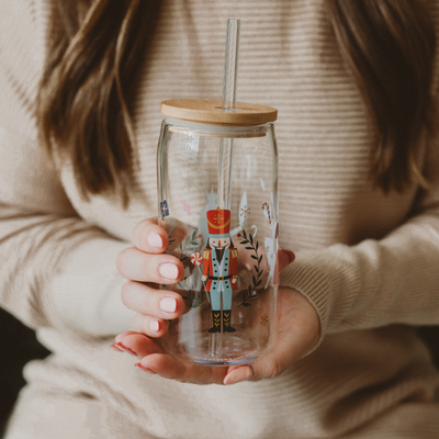 Nutcracker Glass with Straw & Lid