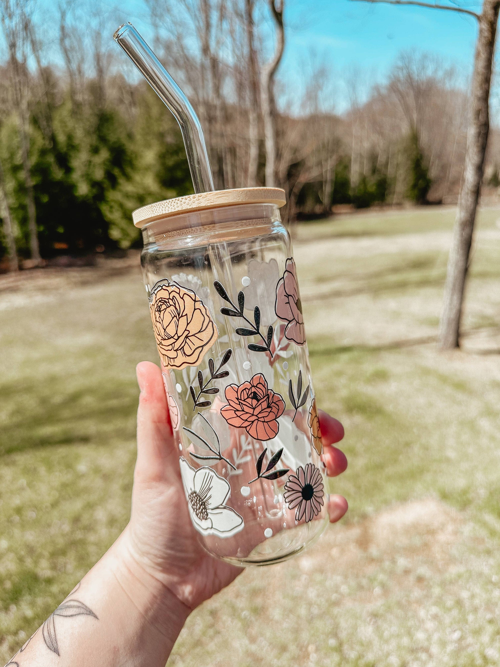 Vintage Floral Glass Can Cup 20oz