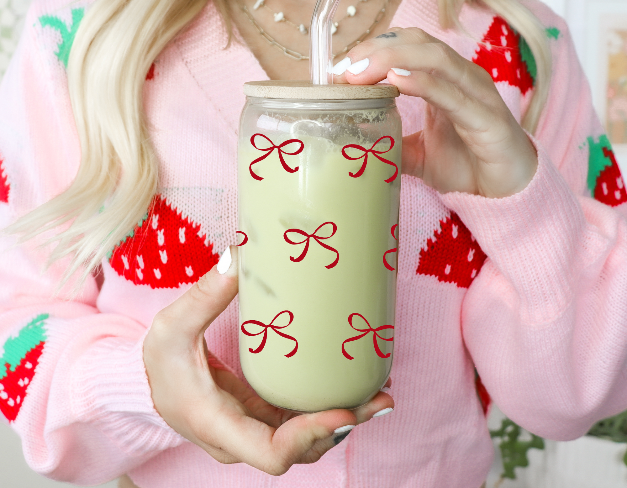 Cute Red Bows Iced Coffee Glass Cup 16 oz