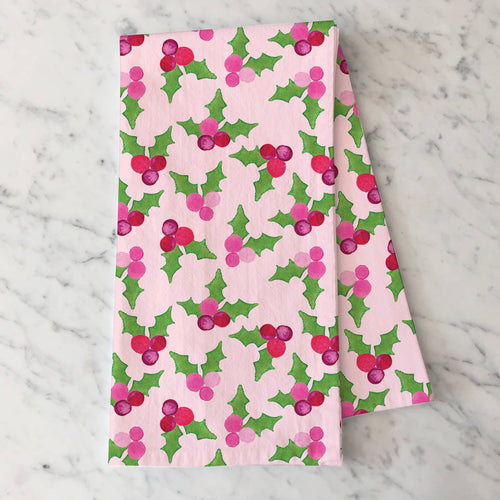 Pink Christmas Holly Tea Towel