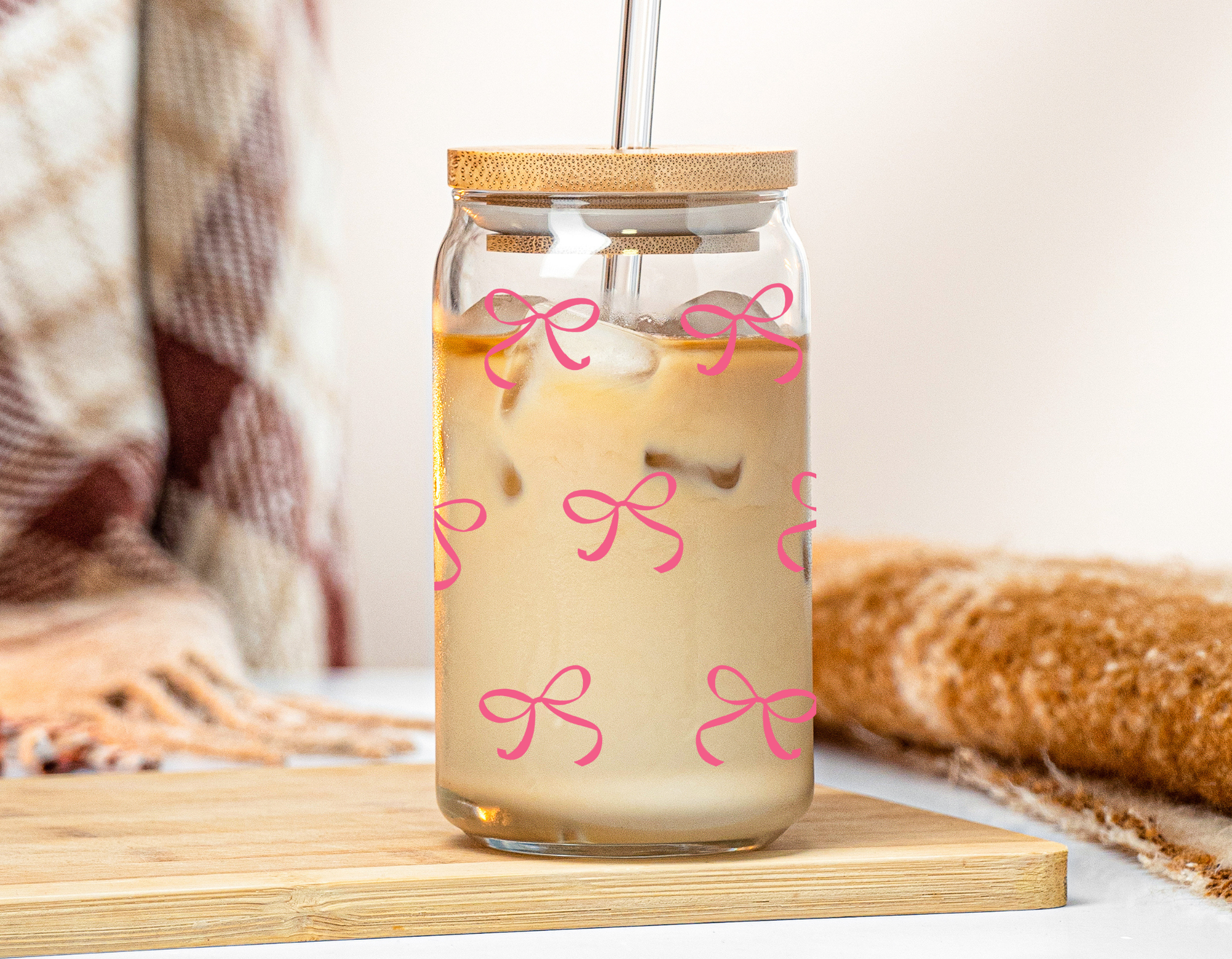 Cute Red Bows Iced Coffee Glass Cup 16 oz