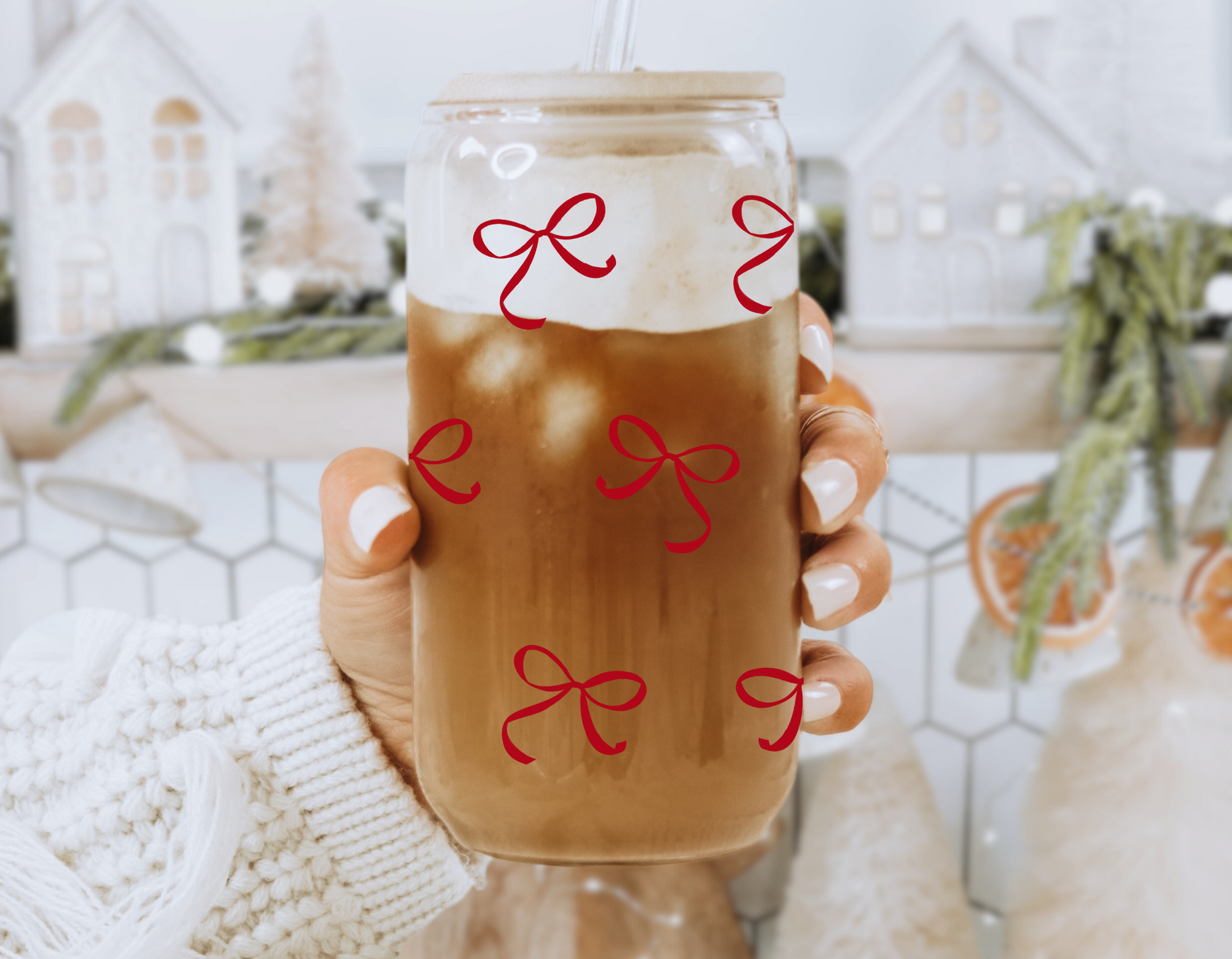 Cute Red Bows Iced Coffee Glass Cup 16 oz