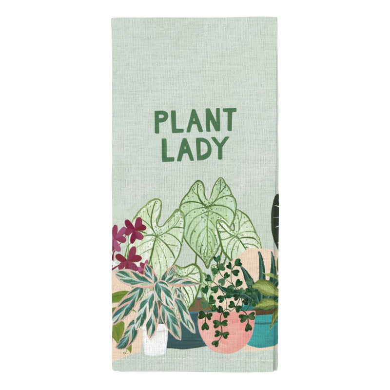 Tea towel with 'Plant Lady' text and plant illustrations on a light green background