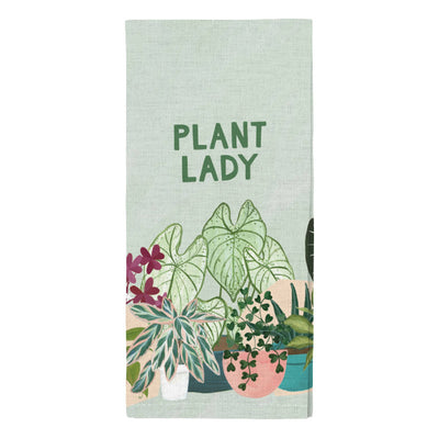 Tea towel with 'Plant Lady' text and plant illustrations on a light green background