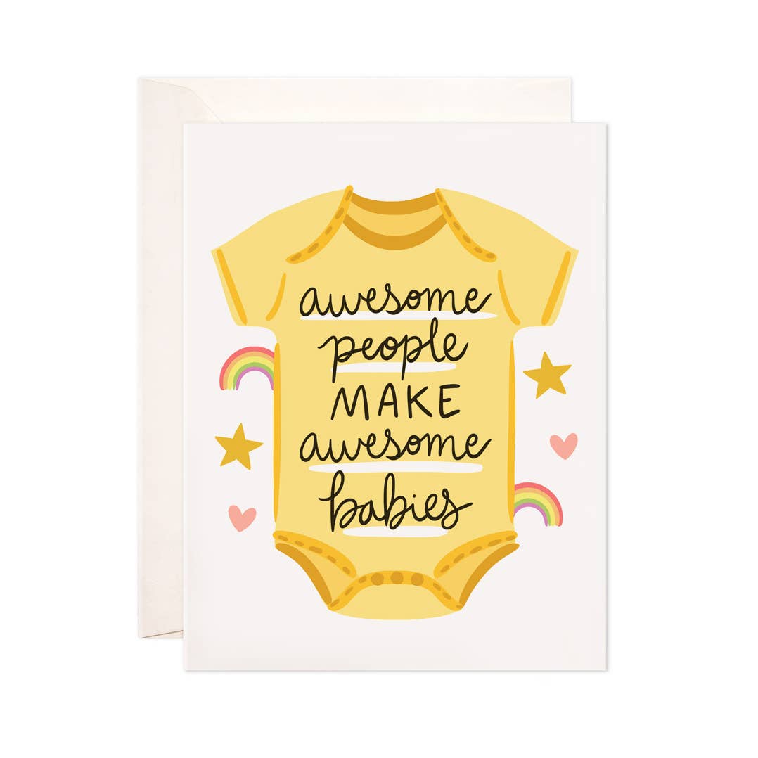 Greeting card with a yellow baby onesie design and text on a white background