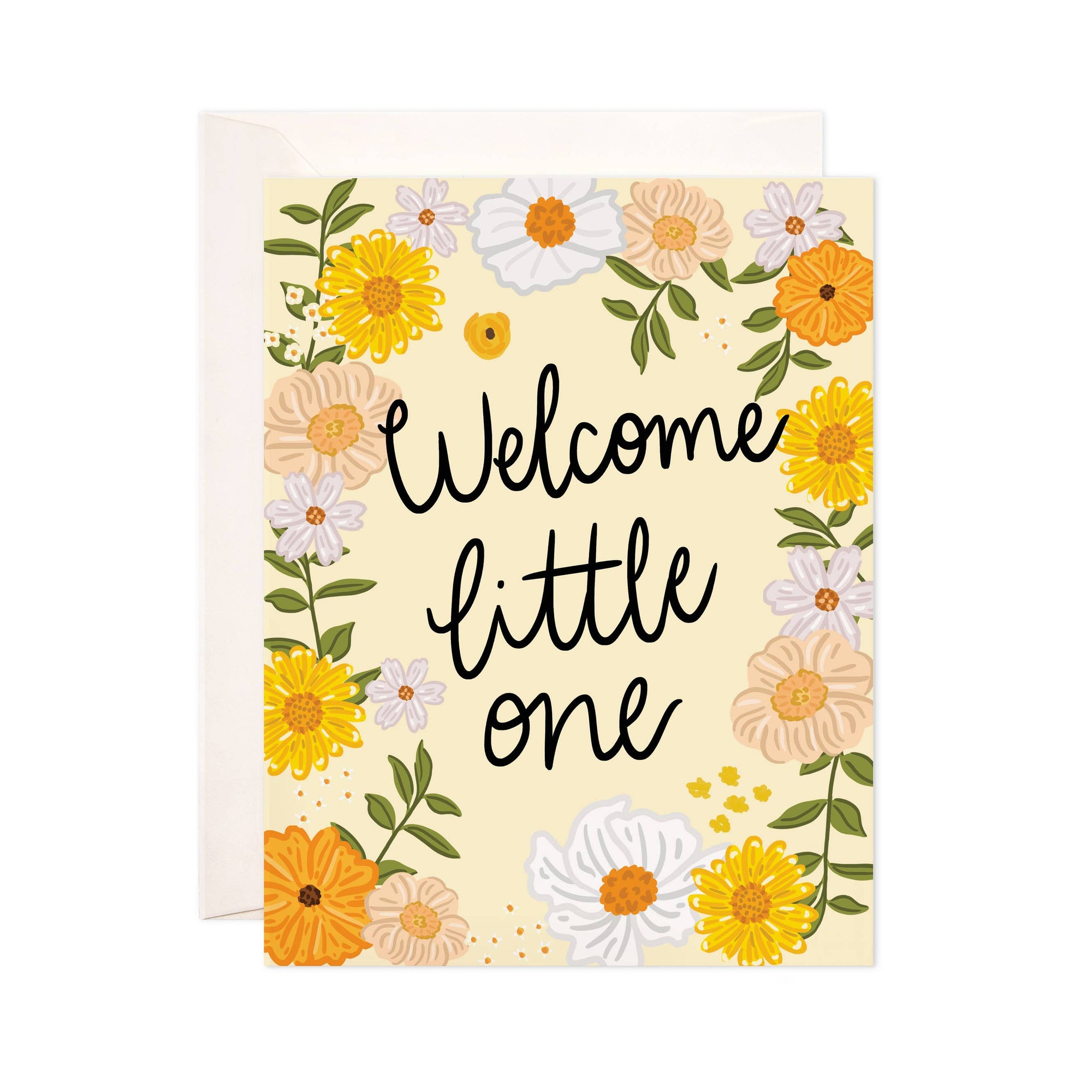Greeting card with floral design and 'Welcome little one' text on a yellow background