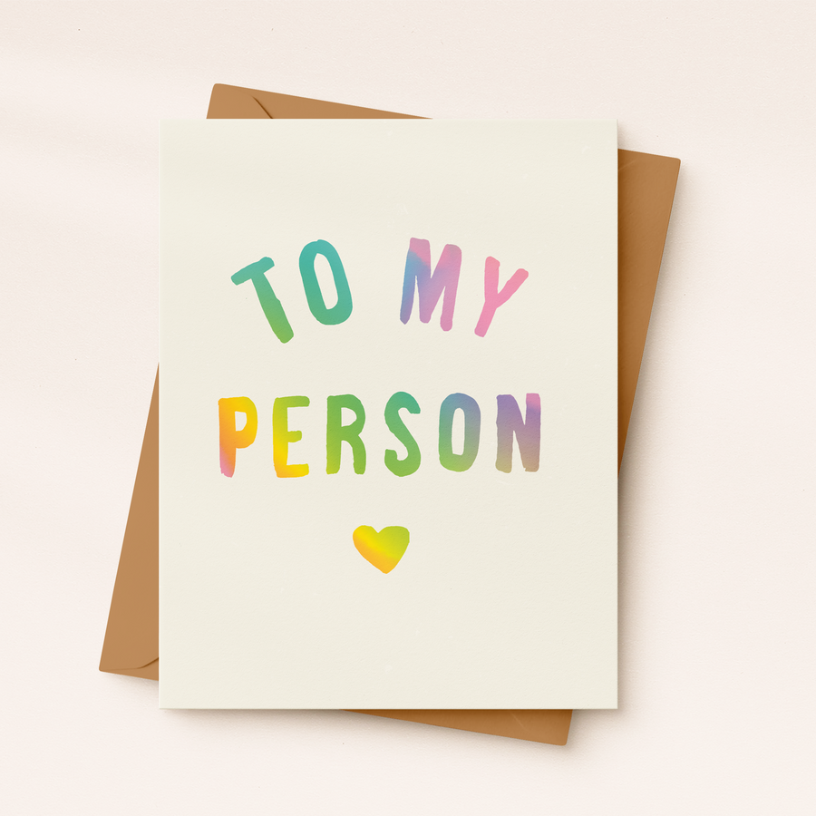 Greeting card with 'To my person' text in colorful letters and a heart on a beige background