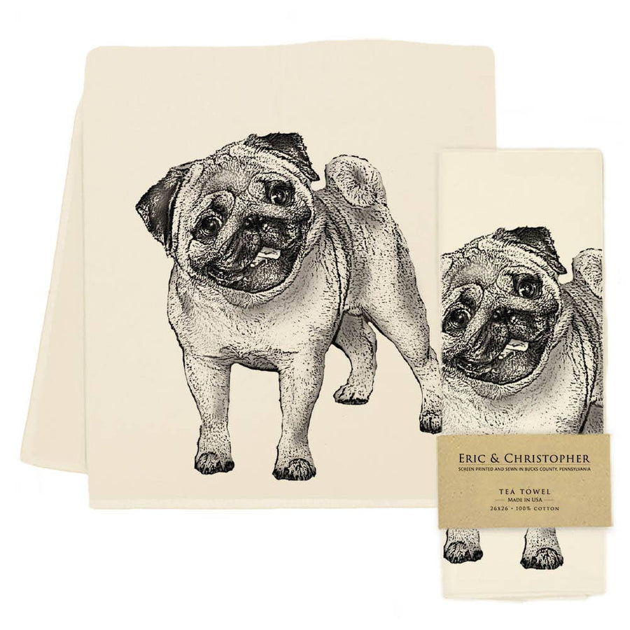 Two cream-colored tea towels with black line art illustrations of a pug dog, shown on a white background. One towel is displayed flat, and the other is folded with a paper band label that reads 'ERIC & CHRISTOPHER TEA TOWEL'.