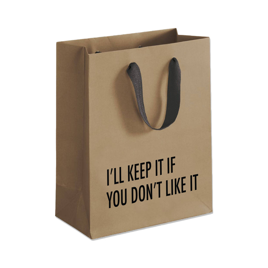 Brown paper bag with black text on a white background