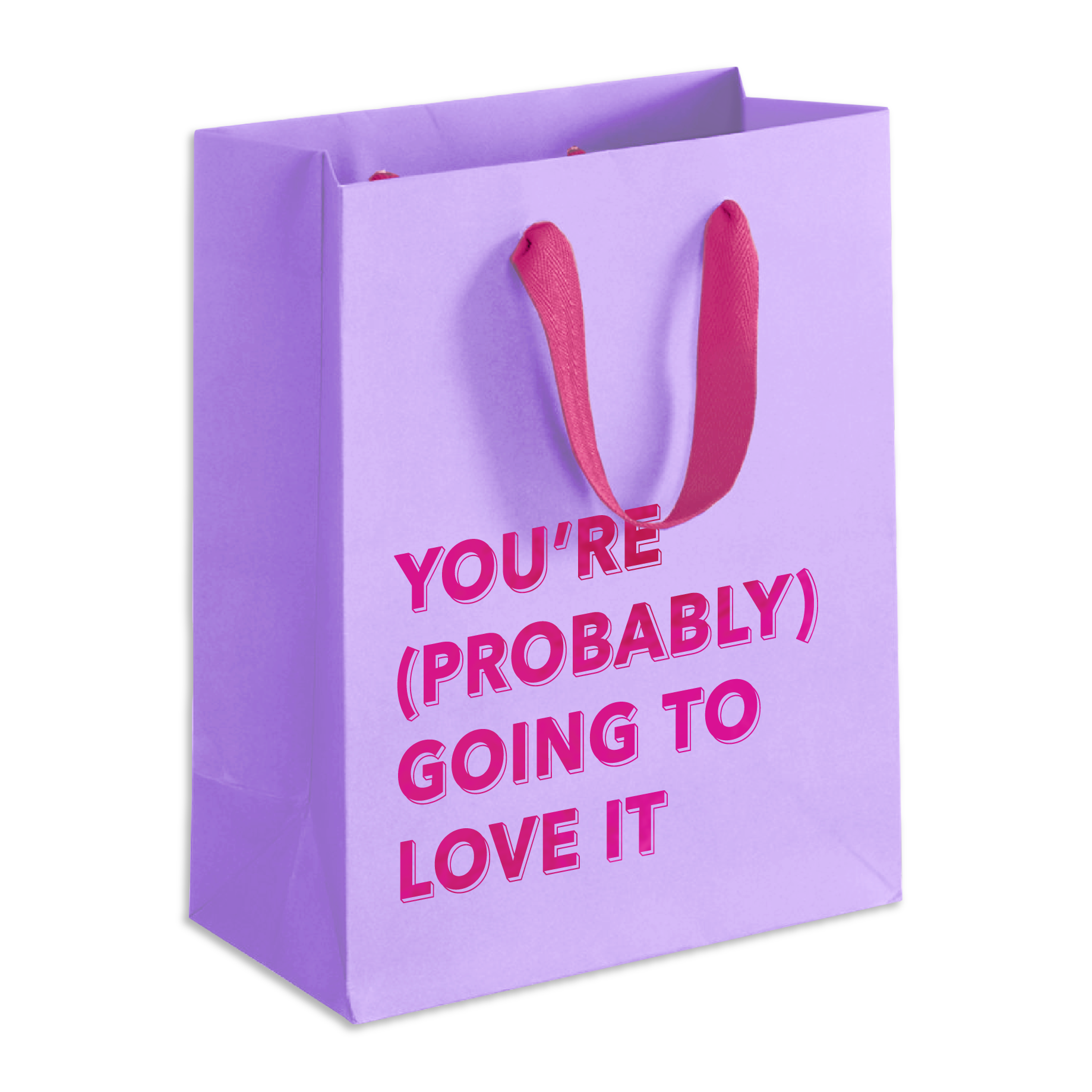 Purple gift bag with pink text and handles on a white background