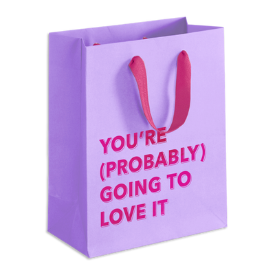 Purple gift bag with pink text and handles on a white background