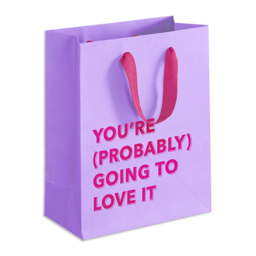 Purple gift bag with pink text and handles on a white background