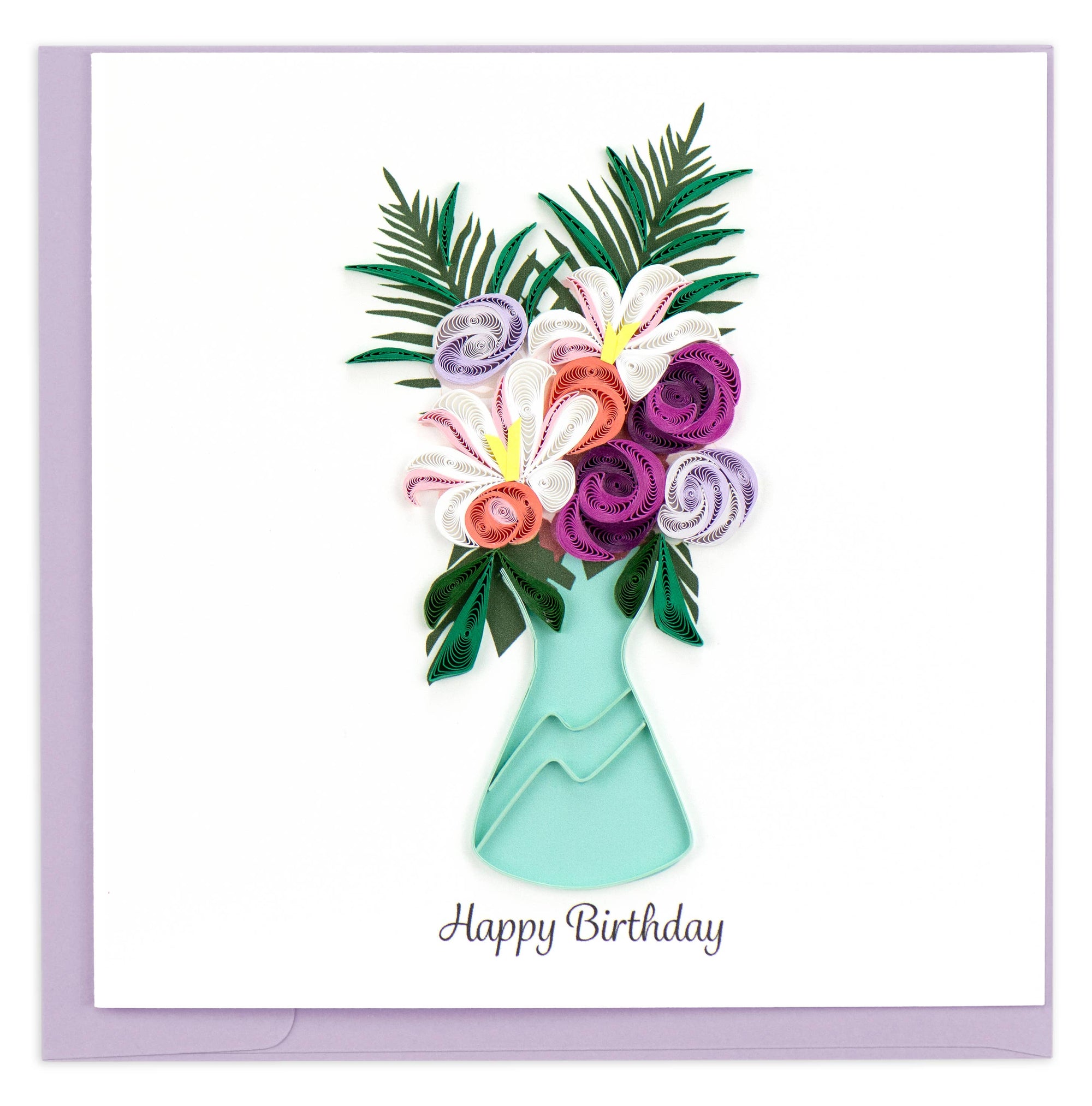 Greeting card with a bouquet of flowers in a vase and 'Happy Birthday' text on a white background.