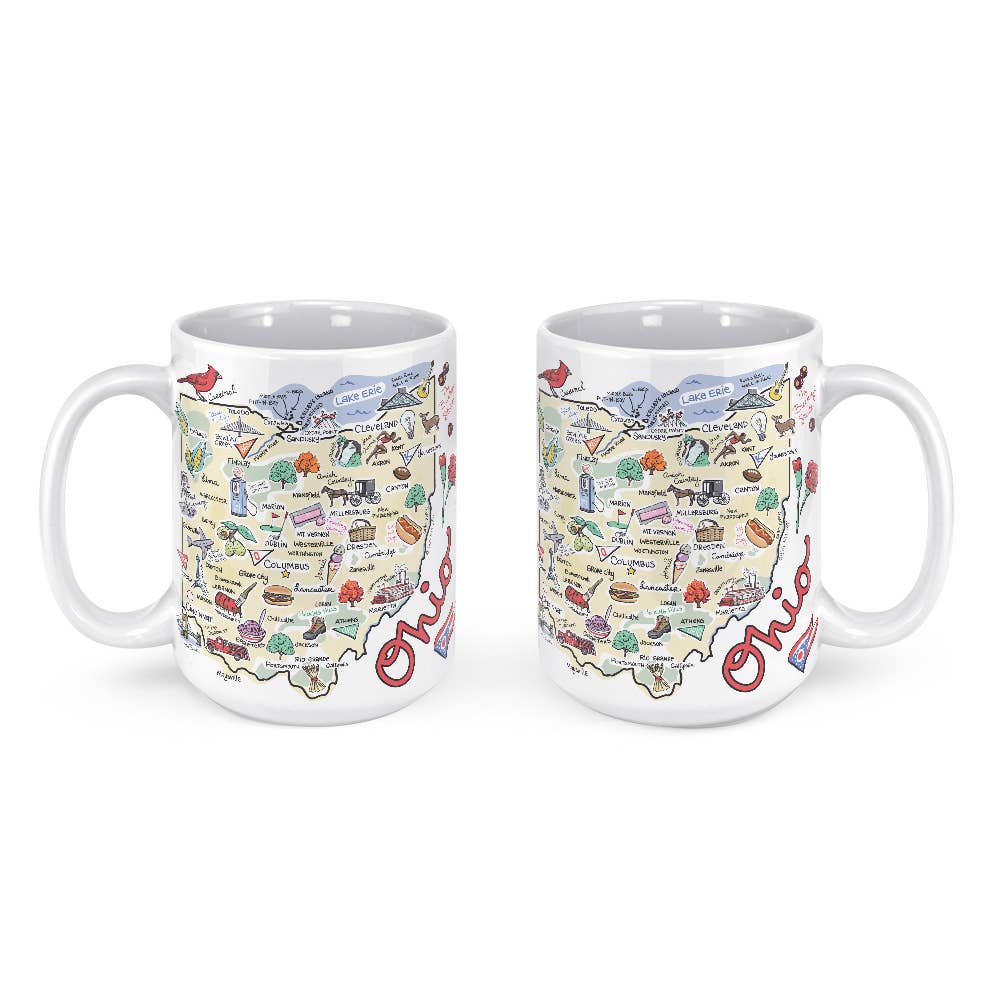 Two white ceramic mugs with a glossy finish, featuring a colorful illustration of a map and landmarks, with the word 'Ohio' printed on the side.