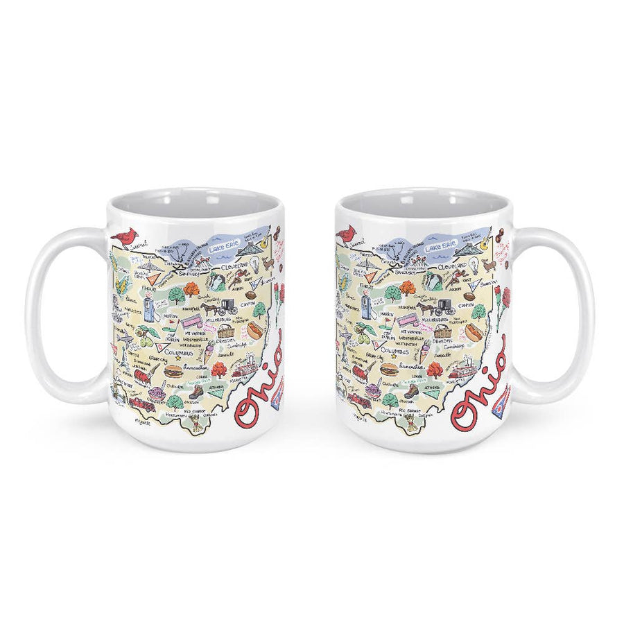 Two white ceramic mugs with a glossy finish, featuring a colorful illustration of a map and landmarks, with the word 'Ohio' printed on the side.