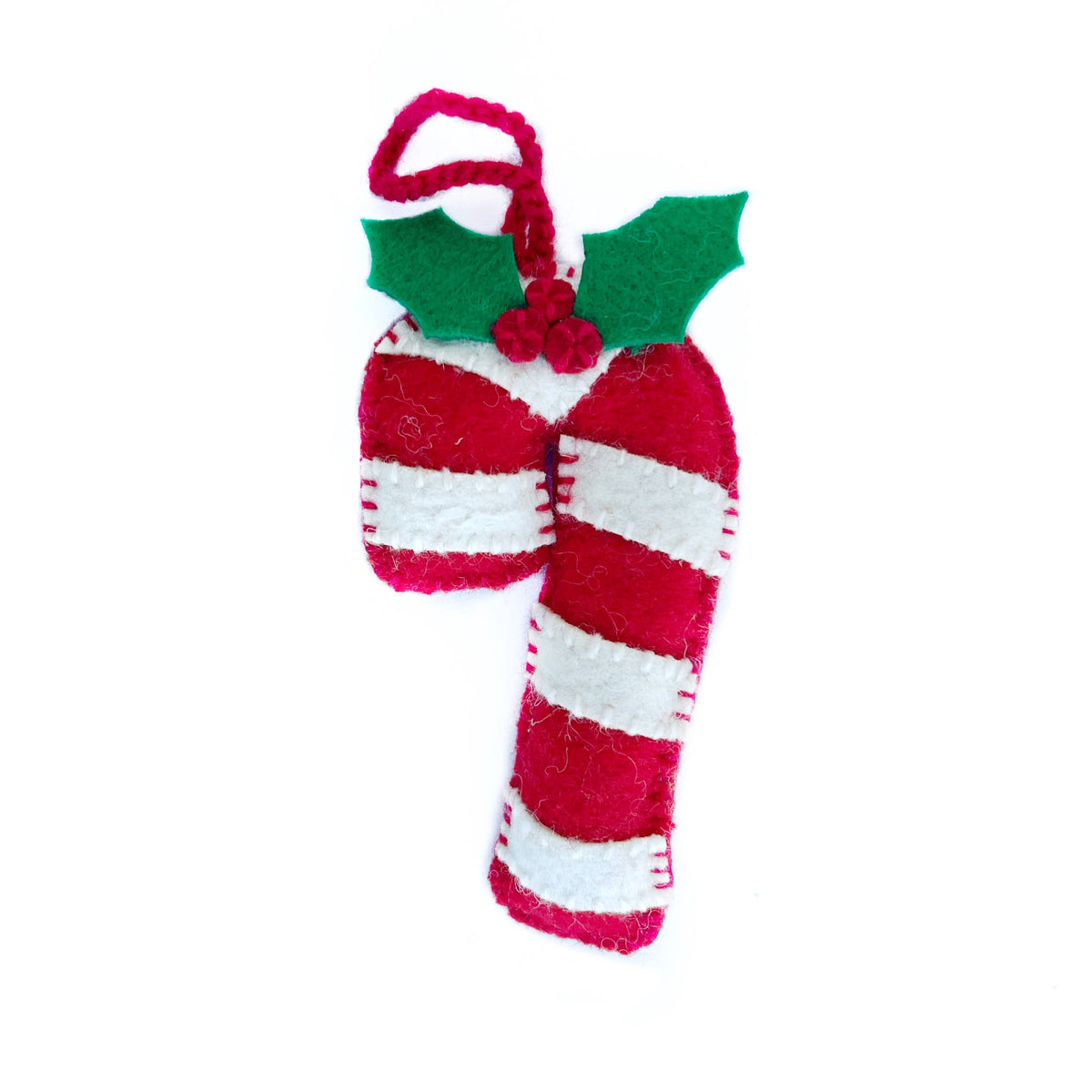 Candy Cane with Holly Embroidered Wool Ornament