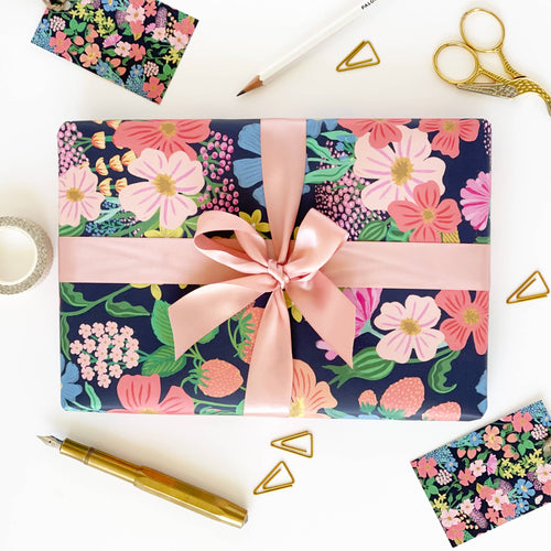 Summer Flowers - Black Gift Wrap by the sheet