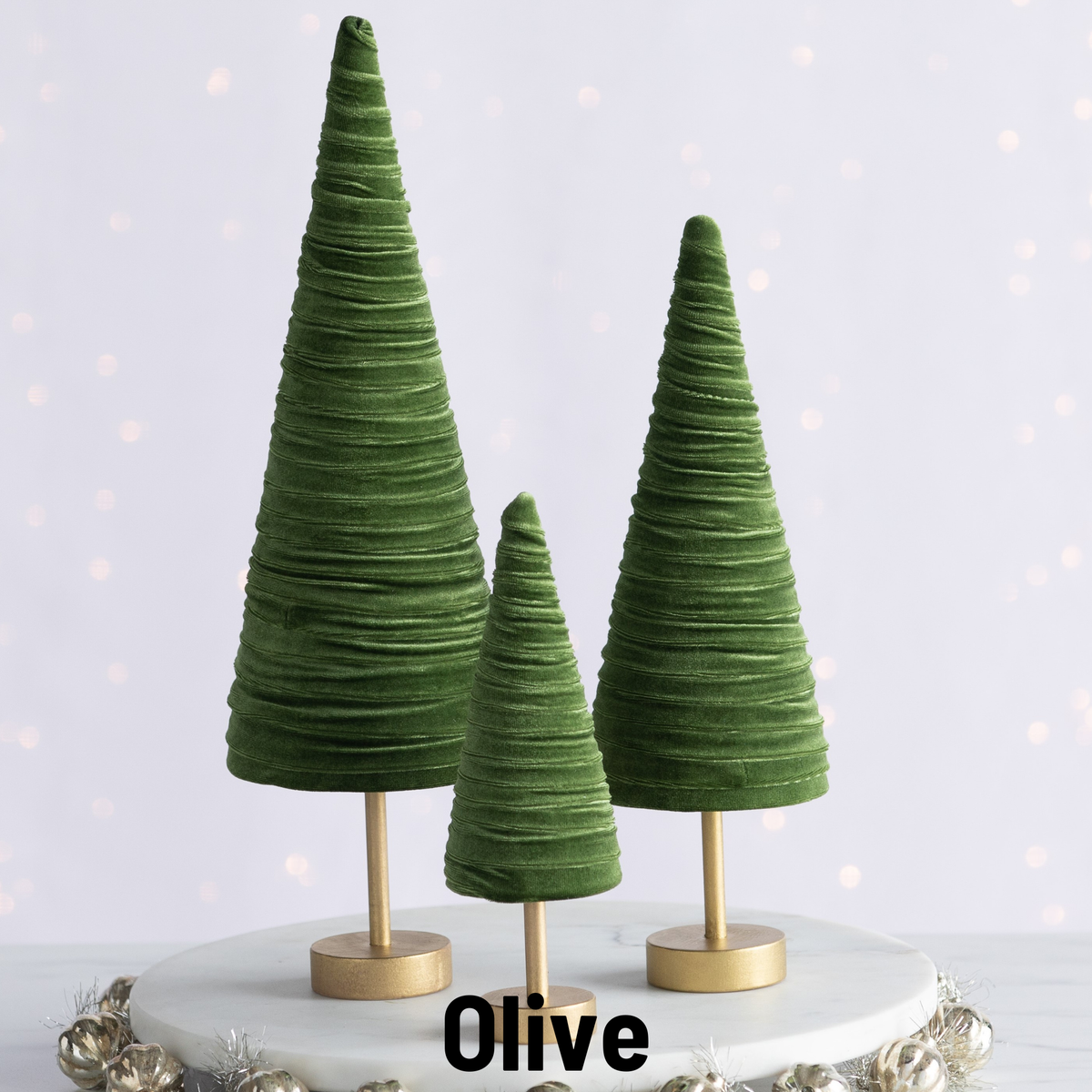 Handmade Pedestal Velvet Trees Olive (three sizes)